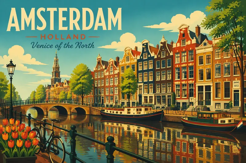 Kanavanäkymä Amsterdamissa historiallisten talojen kera