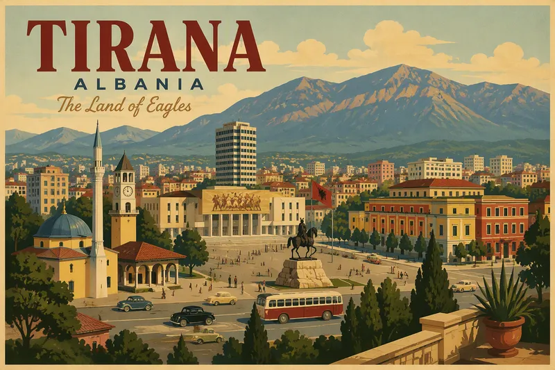 Albanian pääkaupunki Tirana ja Skanderbegin aukio