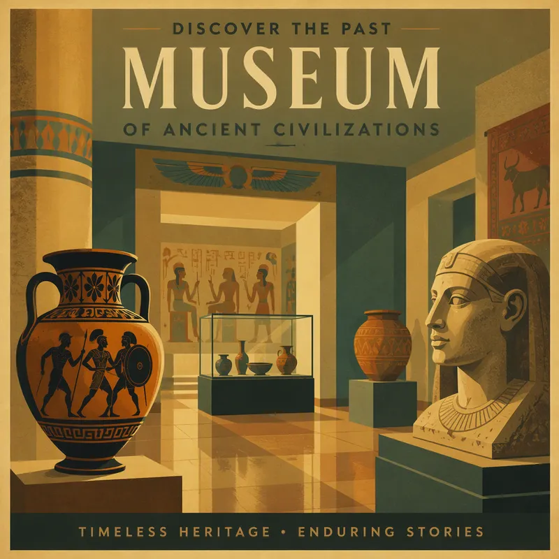Museon historiallisia esineitä ja artefakteja lasivitriinissä