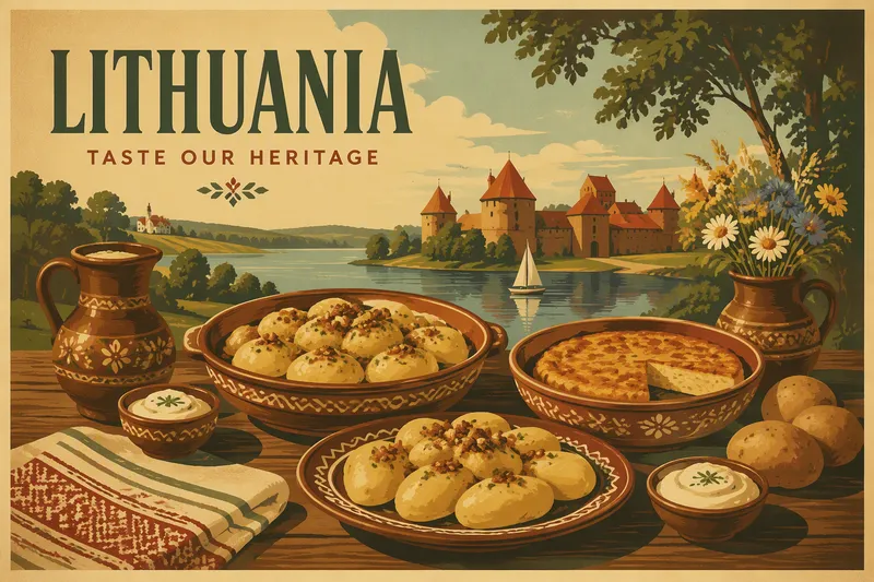 Perinteisiä liettualaisia perinneruokia puupöydällä