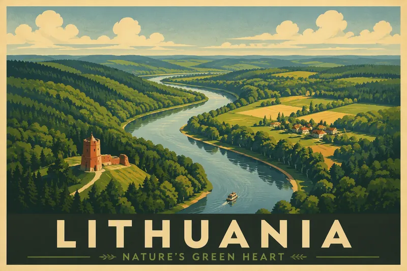 Lush green forest and river landscape in Lithuania