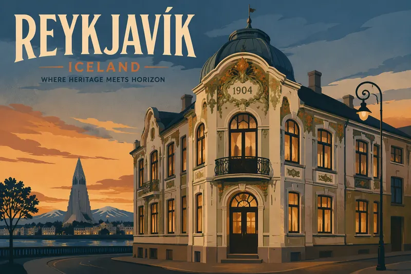 Historiallinen ravintolarakennus Reykjavikissa iltavalaistuksessa