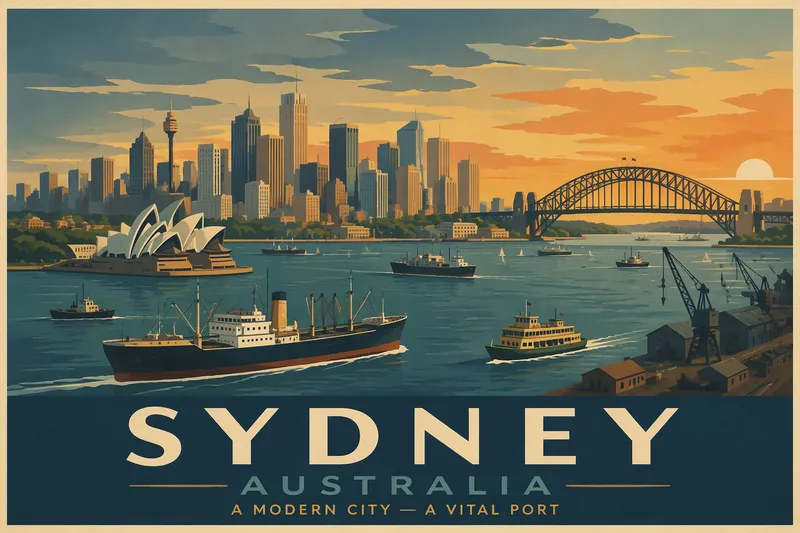 Modernin Australian kaupungin horisontti auringonlaskun aikaan