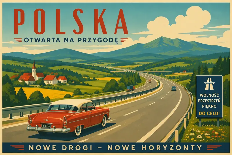 Maisematie Puolan maaseudulla autolla matkustettaessa