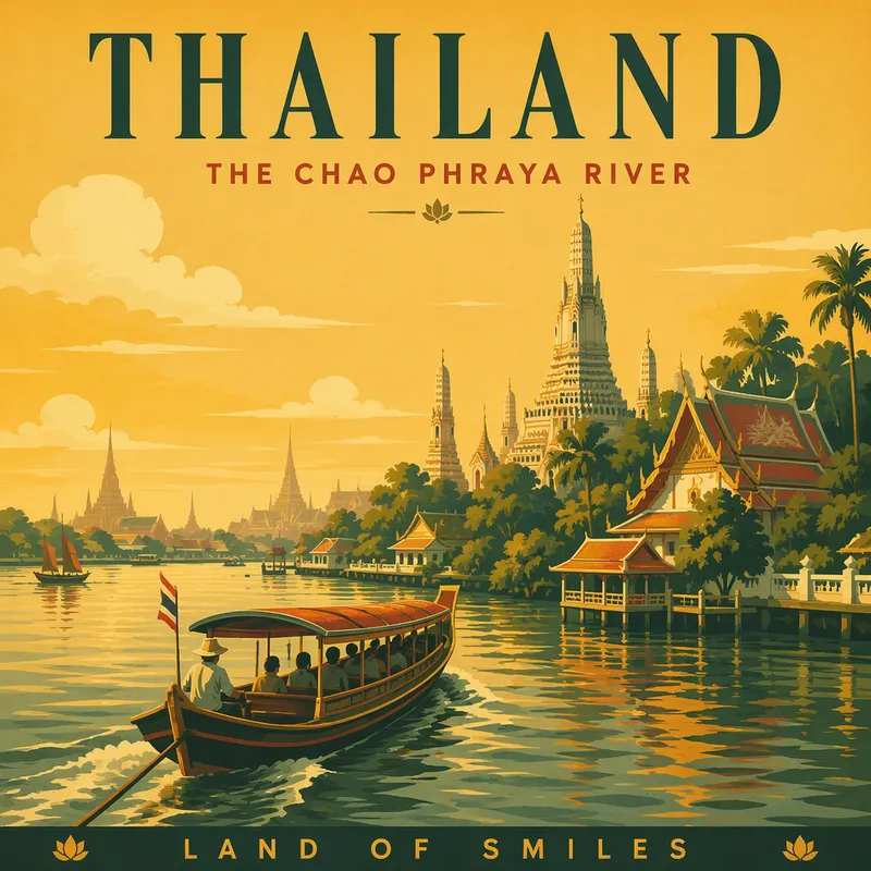 Jokivene Chao Phraya -joella historiallisten rakennusten lähellä