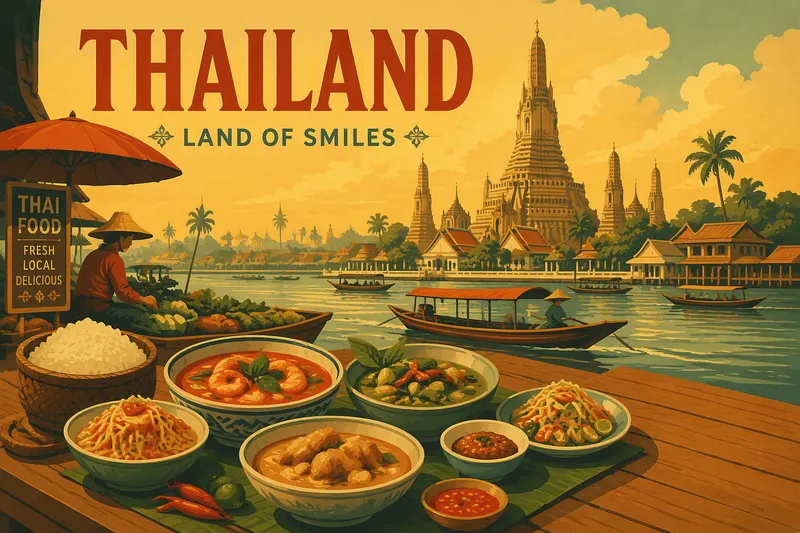 Perinteisiä thaimaalaisia ruoka-annoksia ja katuherkkuja