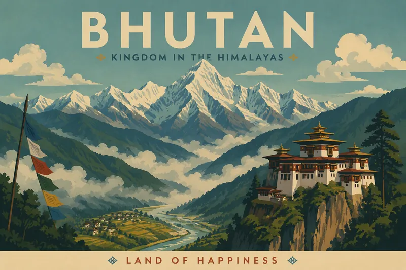 Himalajan vuoristo ja vehreitä laaksoja Bhutanissa
