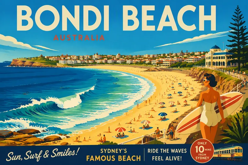 Bondi Beachin kultainen hiekkaranta ja kirkas meri