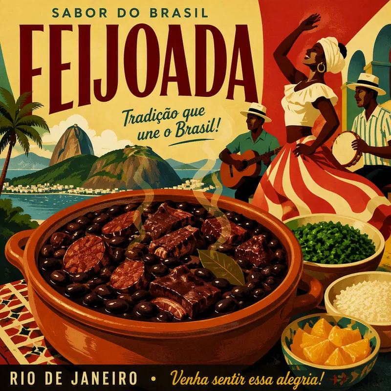 Perinteinen brasilialainen feijoada-pata tarjoiltuna