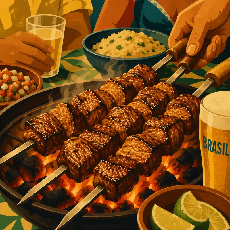 Grillattua lihaa vartaassa avotulella