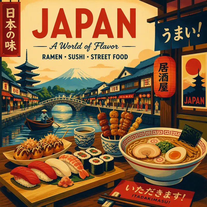 Japanilaisia ruoka-annoksia ravintolapöydässä