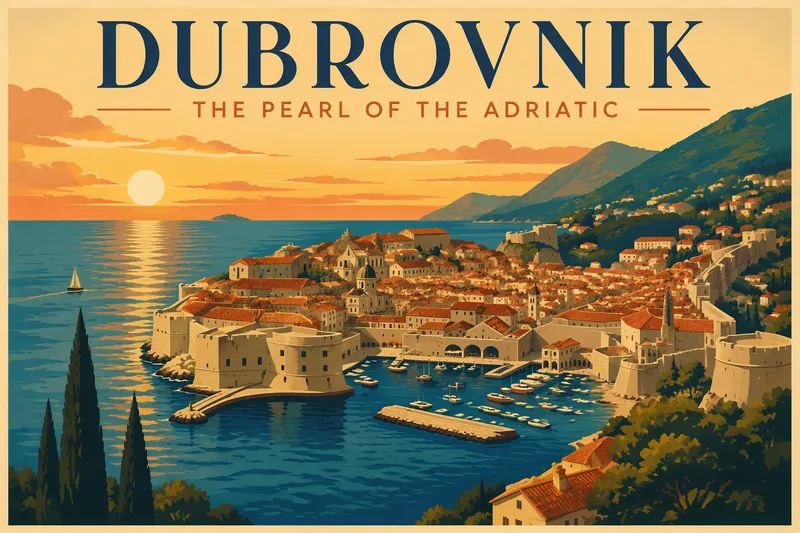 Dubrovnikin vanhakaupunki ja Adrianmeri auringonlaskun aikaan