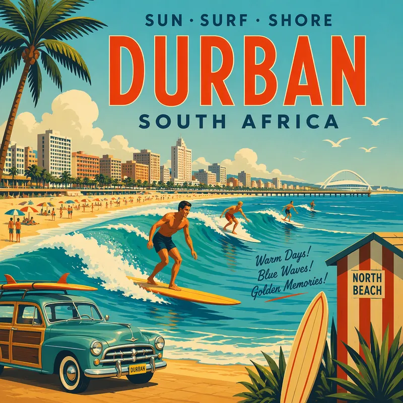 Surffaajia Durbanin aalloilla aurinkoisena päivänä Surffaajia Durbanin aalloilla aurinkoisena päivänä