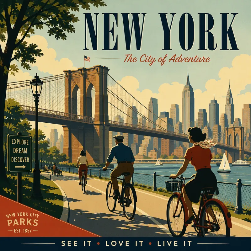 Pyöräilijöitä puiston pyöräteillä Williamsburg Bridgen läheisyydessä