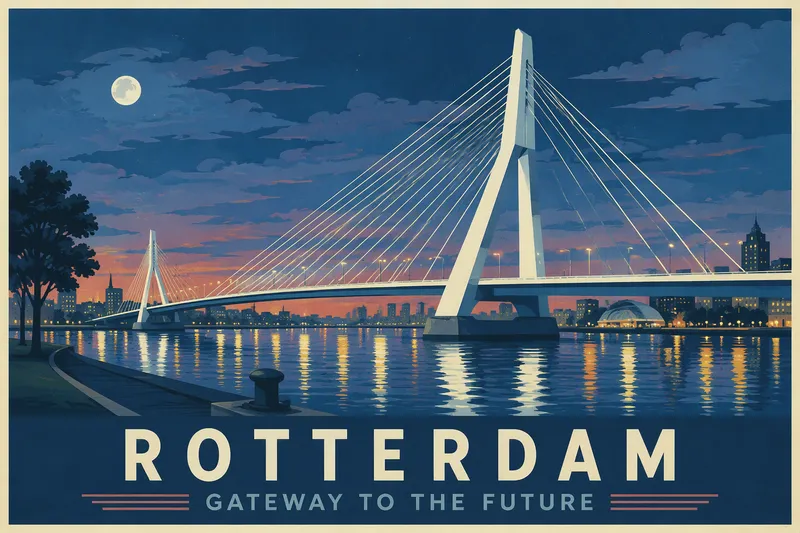 Erasmus-silta Rotterdamissa hämärän aikaan