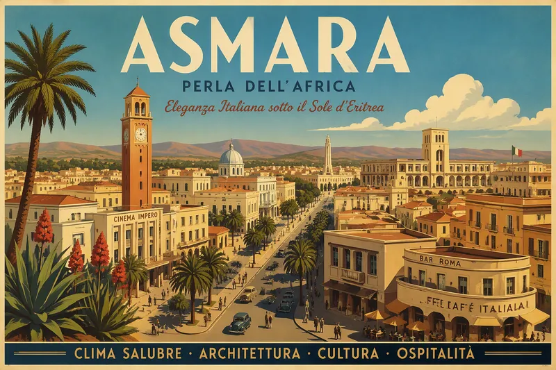Asmaran kaupunkinäkymä ja italialaistyylistä arkkitehtuuria Asmaran kaupunkinäkymä ja italialaistyylistä arkkitehtuuria