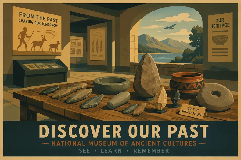 Muinaisia kivityökaluja ja esineitä museossa