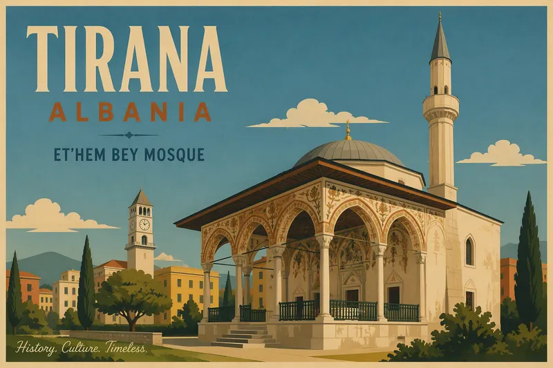 Et'hem Beyn moskeija ja sen minareetti Tiranassa Et'hem Beyn moskeija ja sen minareetti Tiranassa