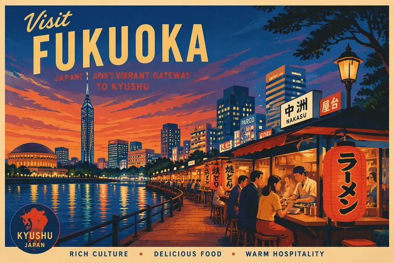Fukuokan moderni kaupunkimaisema ja valaistut ruokakojut hämärässä