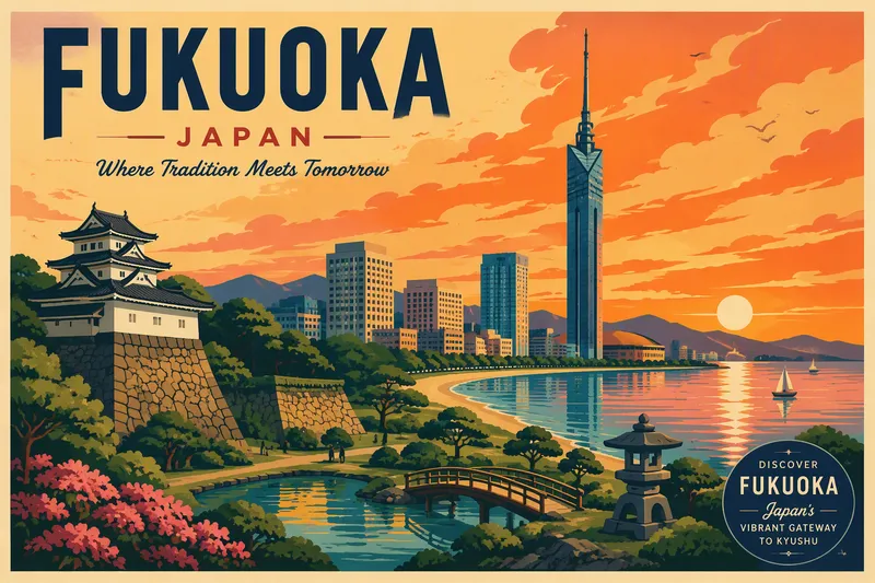 Fukuokan kaupunkinäkymä ja kuuluisa torni iltavalaistuksessa