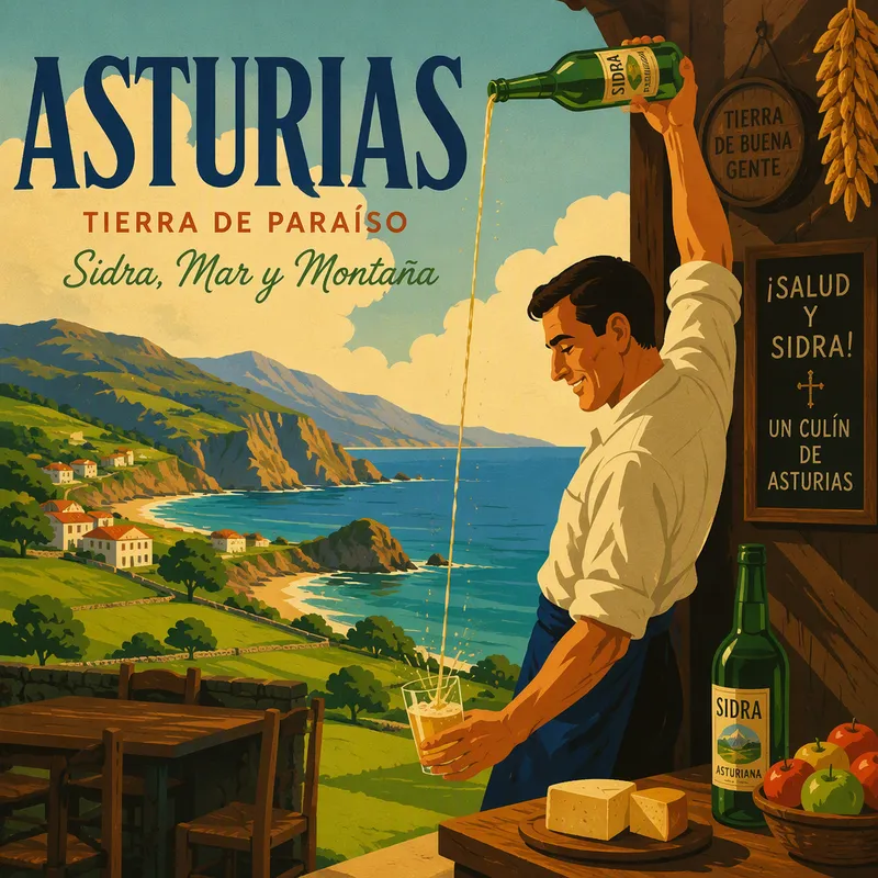 Asturialaista siideriä kaadetaan perinteiseen tapaan lasiin