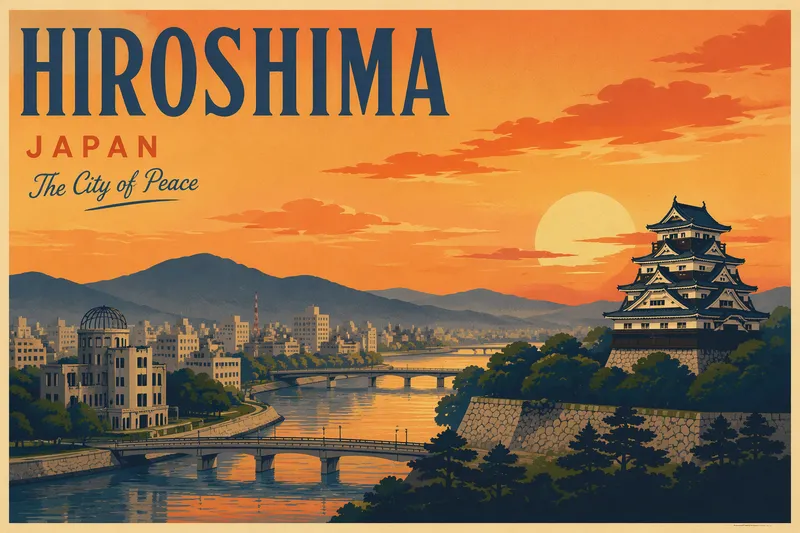 Hiroshiman kaupunkimaisema ja historiallinen linna auringonlaskun aikaan