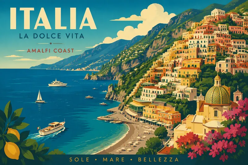 Värikkäitä taloja Italian rannikolla kirkkaan meren äärellä Värikkäitä taloja Italian rannikolla kirkkaan meren äärellä