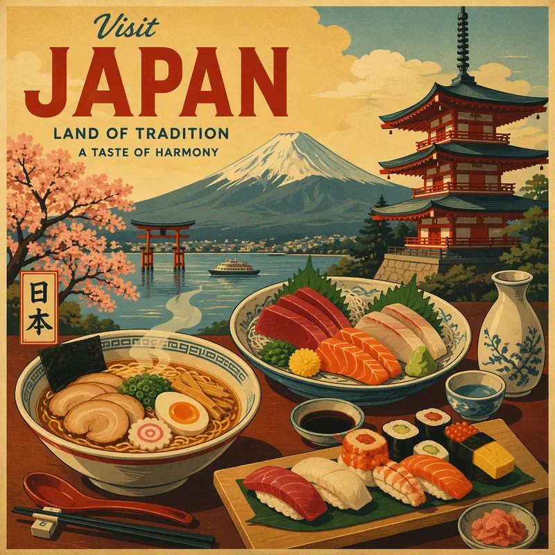Perinteisiä japanilaisia ruoka-annoksia lautasilla