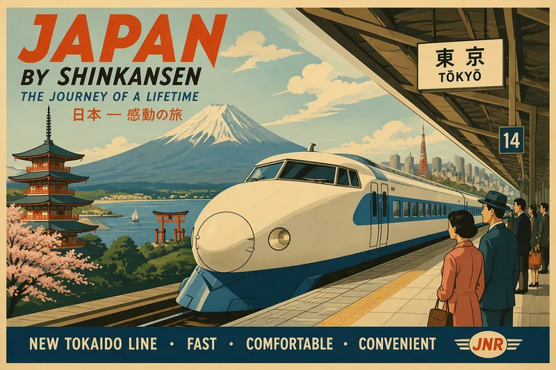 Shinkansen-luotijuna saapumassa rautatieasemalle