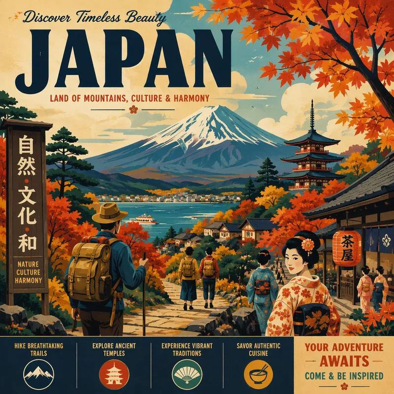 Vuoristomaisema Japanissa syksyn väreissä