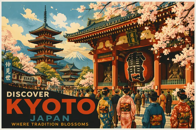 Perinteinen japanilainen temppeli ja kirsikankukkia