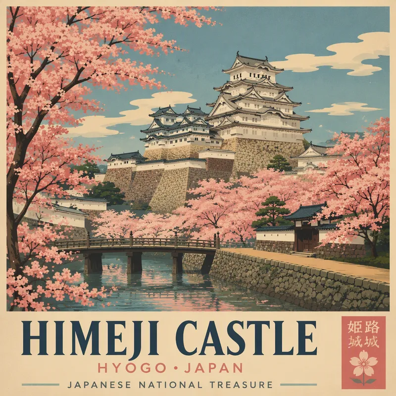 Kirsikkapuiden kukinta linnan kivimuurien ympärillä keväällä