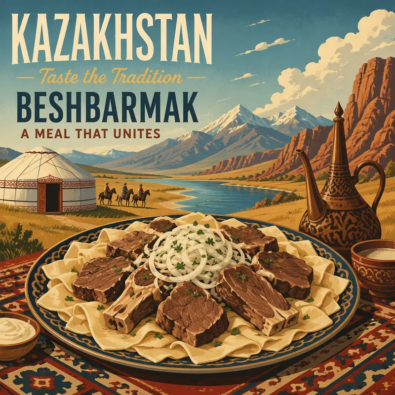 Perinteinen beshbarmak-ruoka lautasella Perinteinen beshbarmak-ruoka lautasella