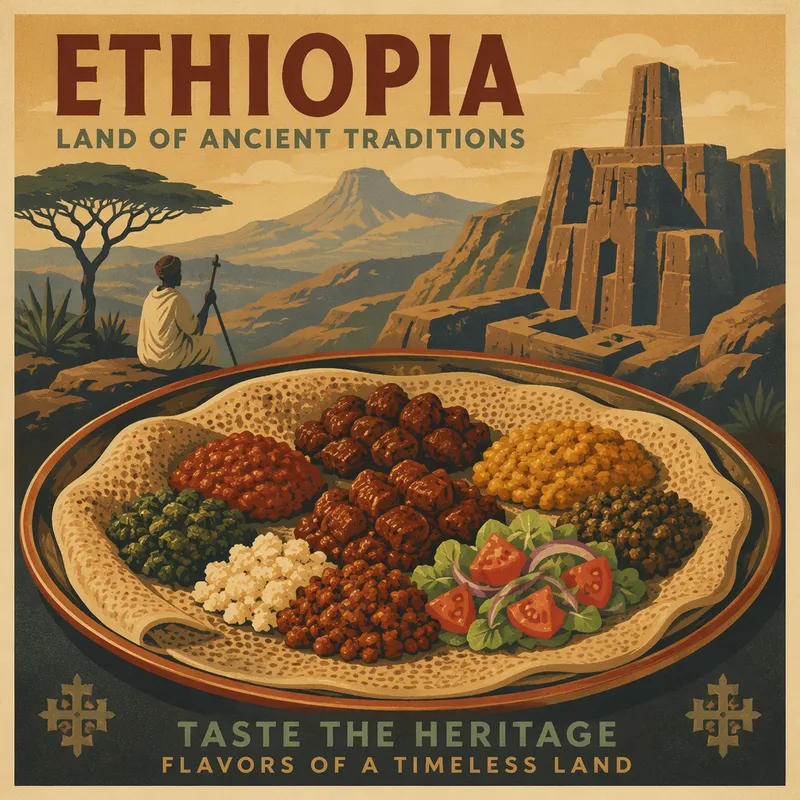 Perinteinen injera-leipä ja mausteisia pataruokia