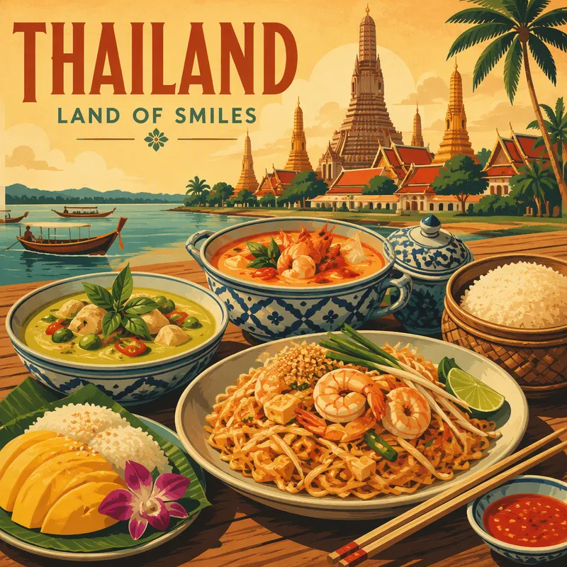 Perinteisiä thaimaalaisia annoksia puisella pöydällä Perinteisiä thaimaalaisia annoksia puisella pöydällä