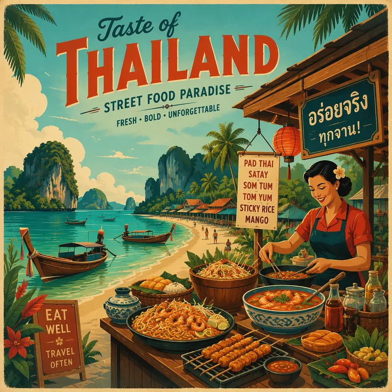 Thaimaalaista katuruokaa tarjolla puisella pöydällä