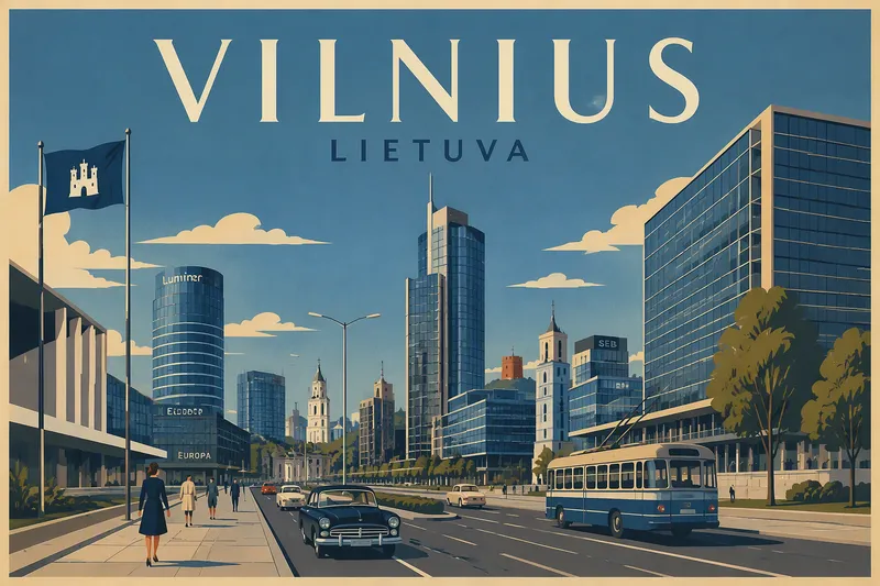 Moderni kaupunkimaisema ja leveä katu Vilnassa