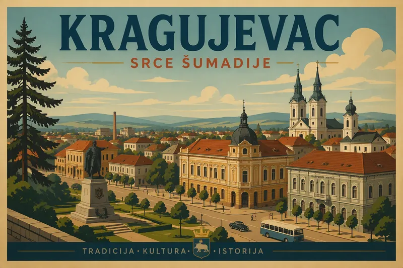 Kragujevacin kaupunkinäkymä ja kirkkojen tornit