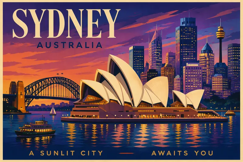 Sydneyn oopperatalo iltavalaistuksessa