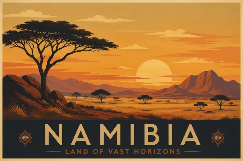 Namibian savanni auringonlaskun aikaan