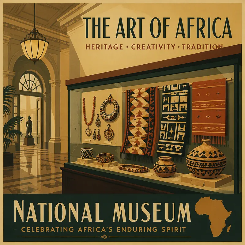 Perinteisiä afrikkalaisia koruja ja käsitöitä museon vitriinissä