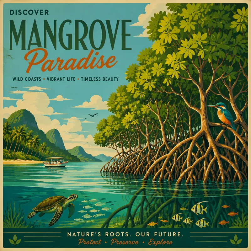 Vehreä mangrovemetsä ja sen juuristo vedenpinnan yllä