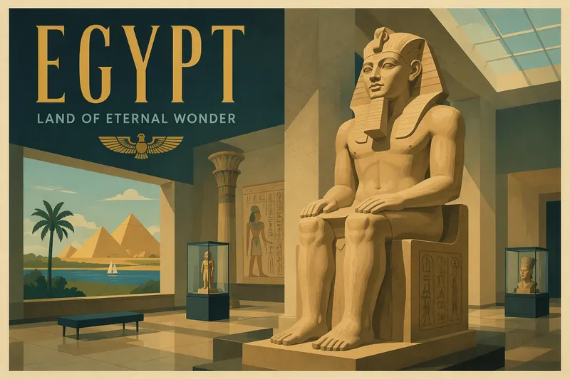 Muinaisen Egyptin patsas modernissa museotilassa