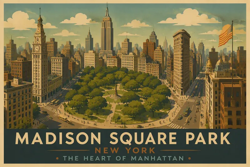 Madison Square Parkin vehreä puisto Manhattanin pilvenpiirtäjien keskellä