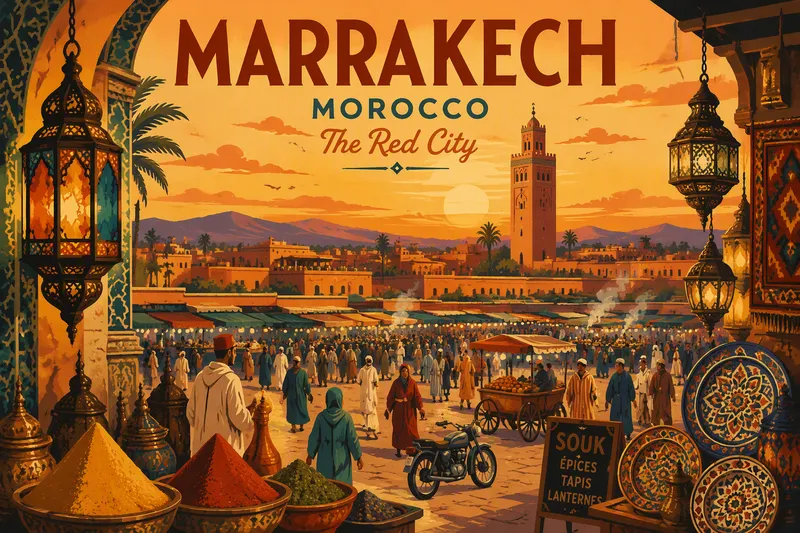 Marrakechin vilkas tori auringonlaskun aikaan
