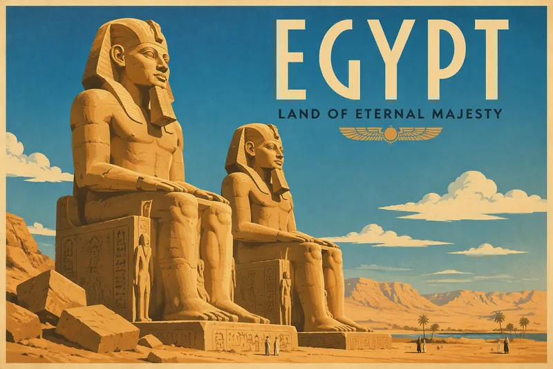 Memnonin kolossit kohoavat hiekkaisella tasangolla Egyptissä Memnonin kolossit kohoavat hiekkaisella tasangolla Egyptissä