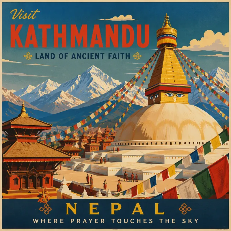 Buddhalainen stupa ja rukouslippuja Kathmandussa