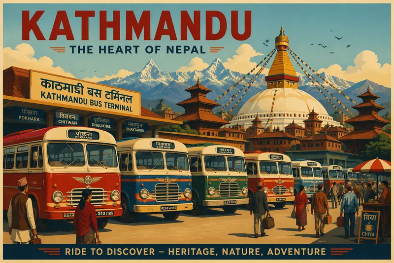 Paikallisia busseja linja-autoasemalla Kathmandussa