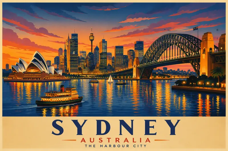 Sydneyn satama ja kaupungin siluetti illan hämärässä
