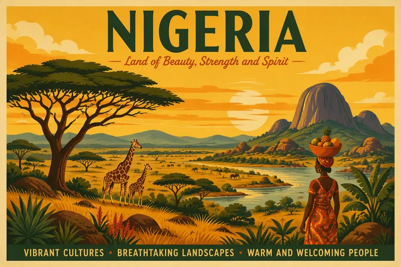 Nigerian vehreä savannimaisema auringonlaskun aikaan